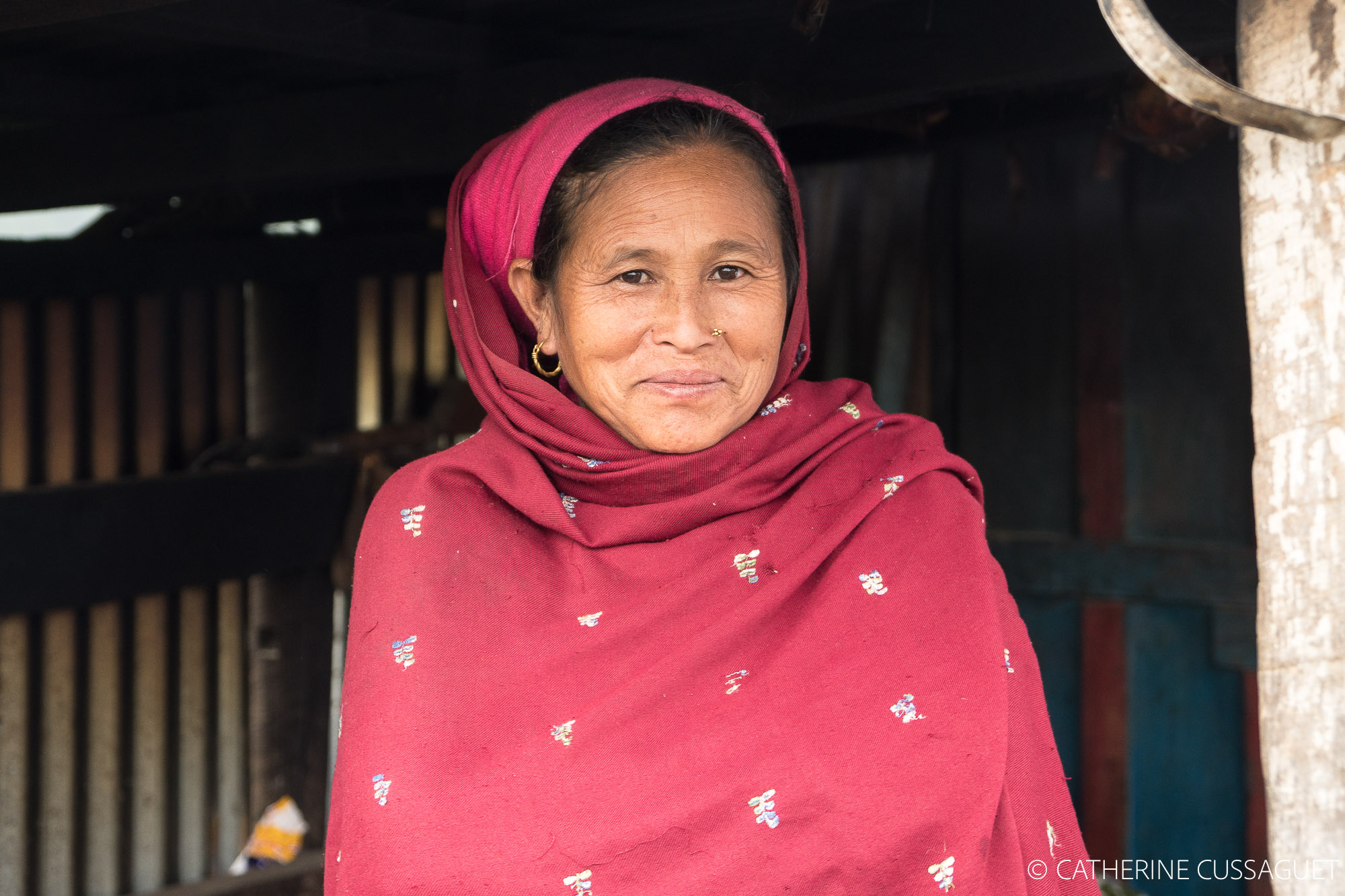woman with red scarf